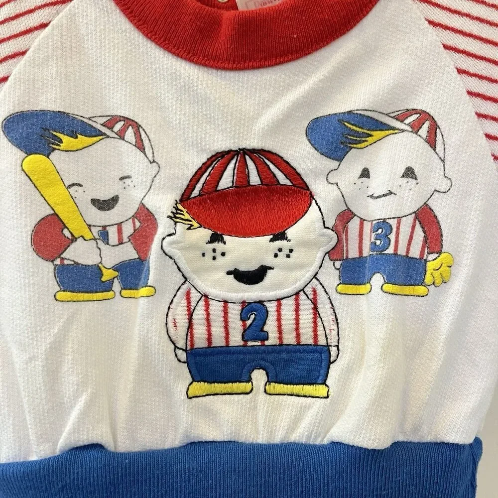 Vintage Buster Brown Baseball Jumpsuit Romper Applique USA Boys Size 12 Months